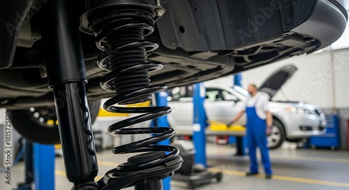 Black Car Shock Absorber and Spring Underneath Vehicle on Lift
