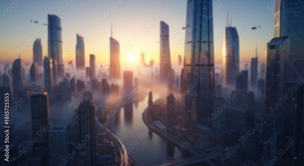 Fototapeta premium Futuristic cityscape with towering skyscrapers at sunrise with soft haze