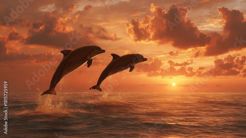 Two Playful Dolphins Jumping Against a Stunning Sunset Over Calm Ocean Waters, Capturing the Beauty of Nature's Wildlife in a Serene Atmosphere