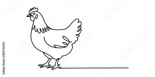 Elegant continuous line art drawing of a standing hen or chicken