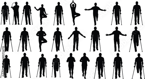 Silhouette, disability, crutches, mobility, posture, amputee, yoga, gesture, standing, walking, balance, rehabilitation, black, white, illustration, concept, adaptive, figure, activity, awareness