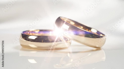Cinematic Macro Slow Motion 2026 Two Gold Wedding Rings Intertwining Symbol Eternal Love Marriage Commitment Anniversary Luxury Jewelry Sparkle Bright White Background Purity Celebration Bride Groom