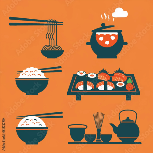 A collection of stylized icons representing traditional Japanese cuisine, including sushi, ramen noodles, rice bowls, hot pot, and a tea set