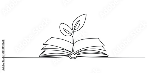 Continuous line drawing of an open book with a growing sprout