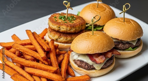Gourmet Slider Sampler With Crispy Sweet Potato Fries Appetizer Platter
