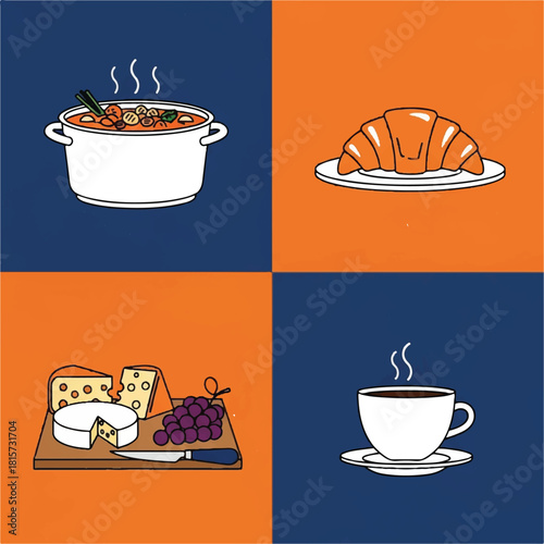 Delicious Food Icons Soup, Croissant, Cheese and Coffee