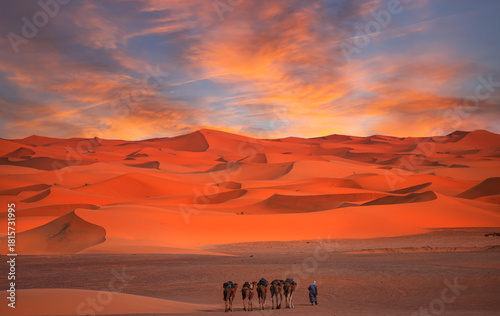 Foto Sand dunes in the Sahara Desert at amazing sunrise, Merzouga, Morocco - Orange d
