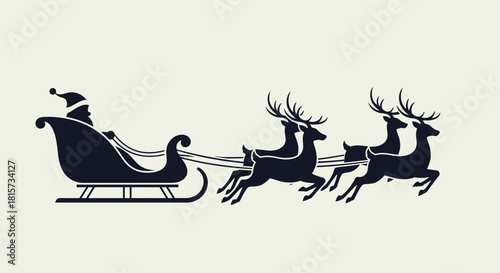 A black silhouette of Santa Claus in his sleigh pulled by four flying reindeer, representing Christmas.