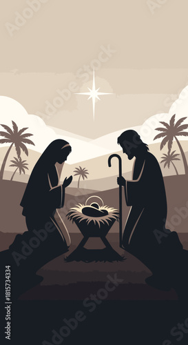 Silhouette depiction of the Nativity scene with Mary, Joseph, and baby Jesus under a guiding star, surrounded by palm trees.