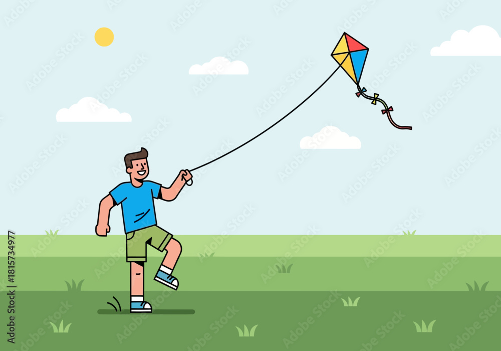 Obraz premium Illustration of a happy boy flying a colorful kite in a green field under the sun. Concept for childhood fun, outdoor activity and summer recreation