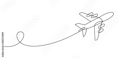 Continuous line drawing of a flying airplane, abstract travel