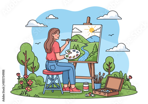 Young female artist painting a landscape on canvas, sitting outdoors on a stool. Concept for creative hobbies, art therapy and recreational activities