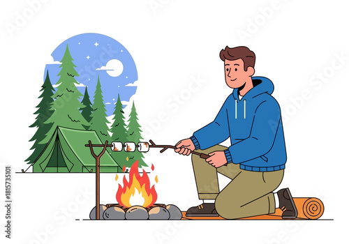 Illustration of a man roasting marshmallows over a campfire near a tent. Concept for recreation, vacation and adventure