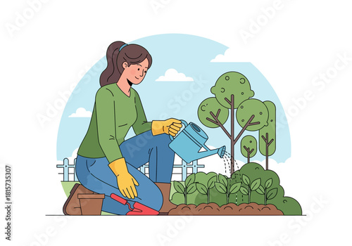 Young woman in green shirt watering plants with can in garden illustration. Concept for nature, environment and sustainable living
