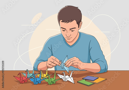 Young man's hands folding an origami crane with colorful origami birds and papers on the table, concept for craft project, art therapy and creative hobby