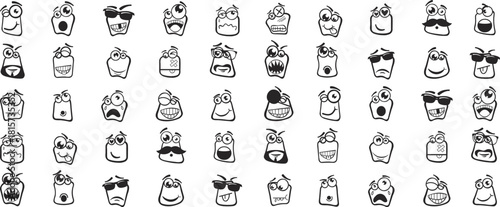 "Hand-drawn doodle monster faces in a playful pattern. Unique expressive cartoon characters for creative projects. Fun black and white illustration set."