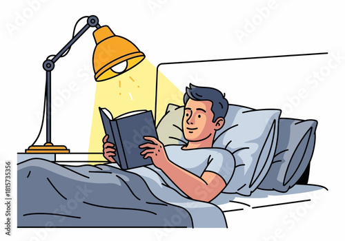 Man reading a book in bed at night under a lamp, concept for relaxing time, personal development and bedtime story
