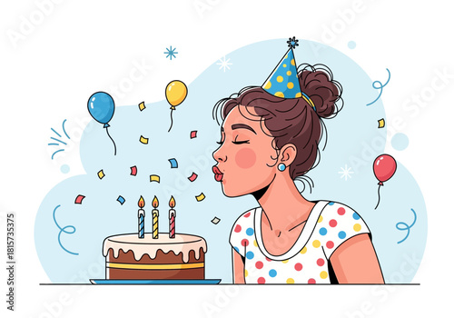 Young woman blowing out candles on birthday cake with balloons and confetti, concept for celebration, party and greeting card