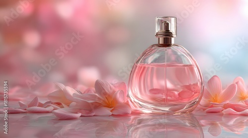 Elegant glass perfume bottle sits surrounded by delicate pink blossoms and scattered petals