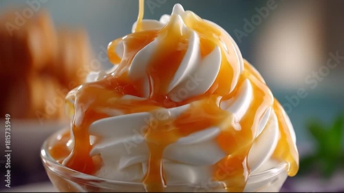 Soft Serve Ice Cream with Dripping Caramel Sauce in Glass, Delicious Sweet Dessert Close-up