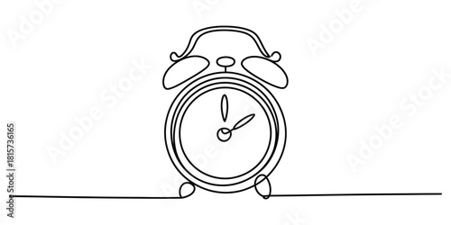 Single continuous line art drawing of retro alarm clock on white
