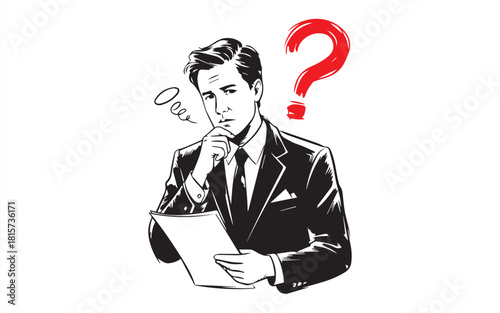 Pensive businessman contemplates complex document with question mark overhead, showcasing analysis, decision making, and problem-solving in business scenarios