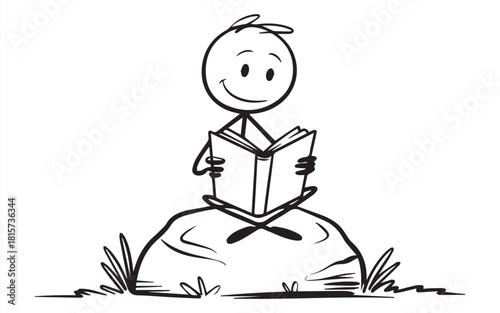 Enjoy peaceful reading time outdoors with a happy stick figure lost in a captivating book on a sunny day, perfect for education and leisure concepts
