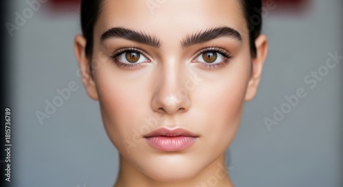 close-up portrait of young woman with flawless skin and intense gaze