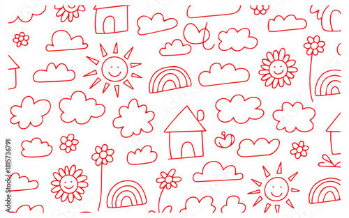 Whimsical red doodles of smiling suns, fluffy clouds, rainbows, and cozy houses create a cheerful, carefree pattern that's perfect for joyful designs