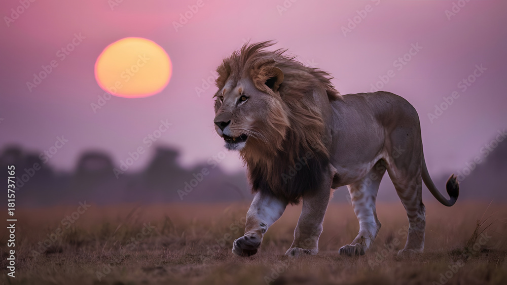 Obraz premium Majestic male lion walks across african savanna at sunset with warm sun and purple sky creating a dramatic atmospheric scene