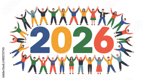 Unity in Numbers: A vibrant illustration showcasing a diverse group of individuals encircling the year 2026, symbolizing collaboration, hope, and progress for the future.