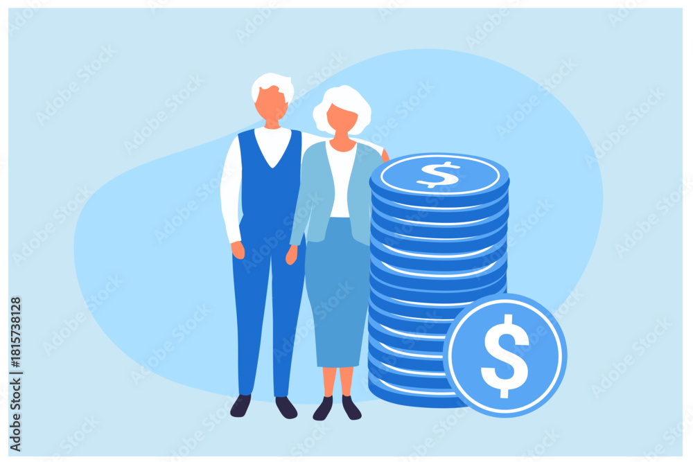 Fototapeta premium Pension Fund. Long-term Capital Investment for senior. Big Piggy Bank and Stack of Money. Pensioners Invest Money. Pension Savings, Insurance and Funded Pension financial investment planning savings