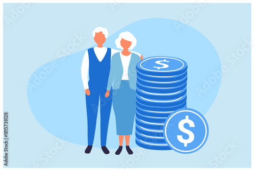 Pension Fund. Long-term Capital Investment for senior. Big Piggy Bank and Stack of Money. Pensioners Invest Money. Pension Savings, Insurance and Funded Pension financial investment planning savings