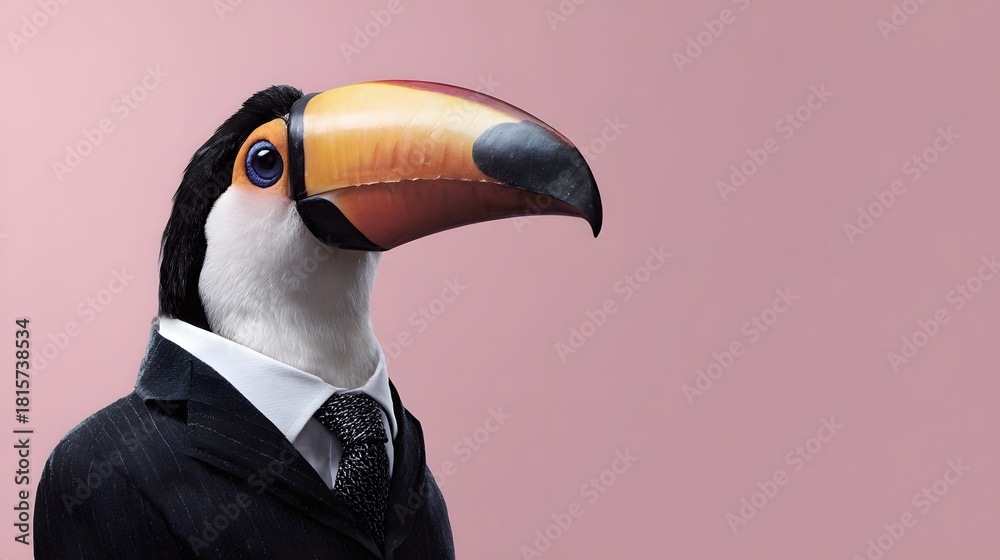Naklejka premium Professional avian character wearing formal business attire stands against a muted background
