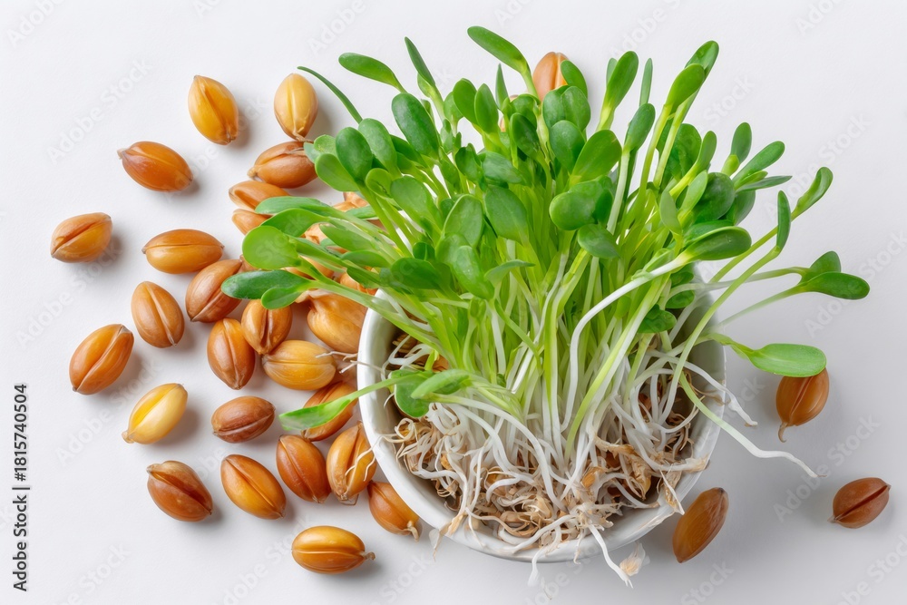 Obraz premium Fresh microgreens growing from sprouted wheat seeds