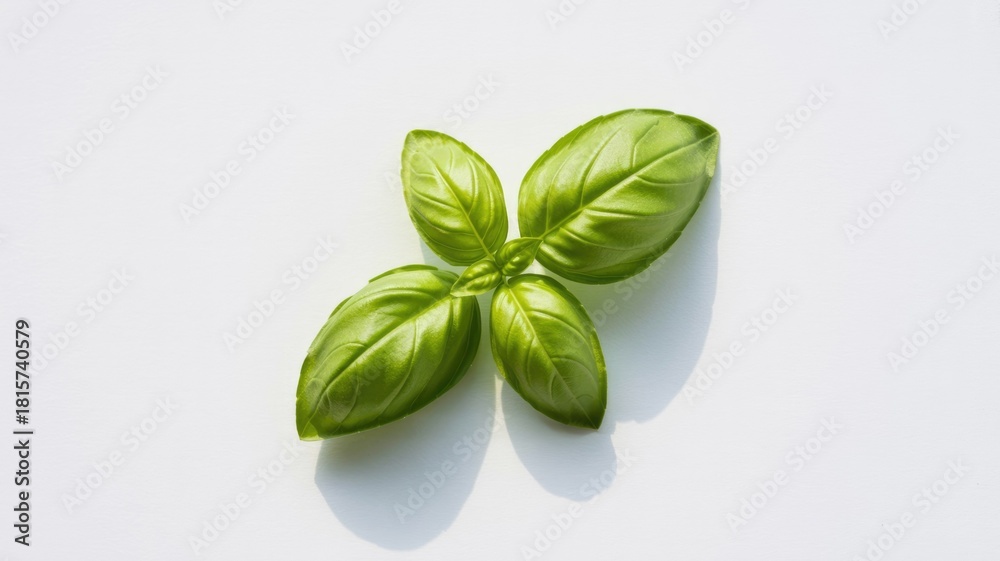 Fototapeta premium Vibrant green basil sprig on a white background, showcasing fresh culinary herbs with delicate shadows. Perfect for cooking and garnish.