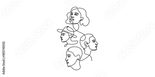 Diverse human faces in minimalist continuous line art illustration