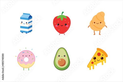 Collection of adorable cartoon food icons with happy faces. A bundle of vector templates featuring various breakfast and snack items