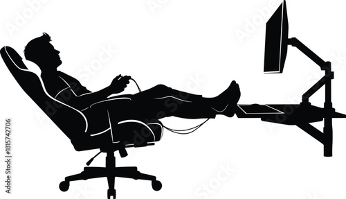 Vector silhouette of gamer reclining in chair with feet on desk, holding controller and looking at monitor, esports concept, black and white illustration.