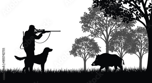 Vector silhouette of hunter aiming gun with dog facing wild boar in forest, outdoor adventure concept, hunting season, black and white illustration.