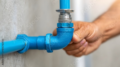 Worker adjusts a bright blue water pipe connection attached to a textured wall