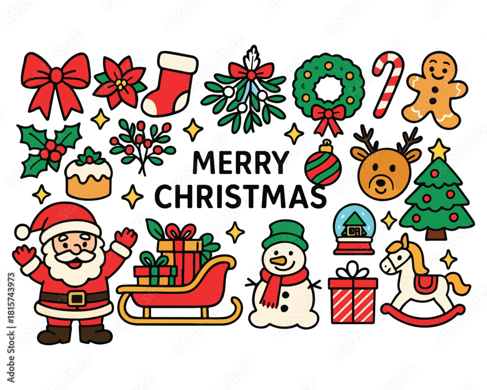 Naklejka premium Christmas cartoon vector set of Santa Claus, snowman, tree, and gifts illustration, perfect for a cute winter holiday pattern design
