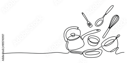 Minimalist one line art kitchen tools and cookware composition