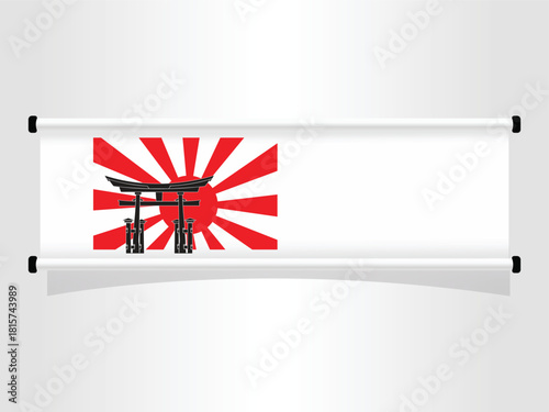 Japanese Torii Gate Vector on Rising Sun Flag Design, Red and White Colors