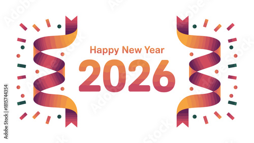 New Year 2026 Celebration: A vibrant celebratory design heralding the arrival of the New Year 2026, complete with colorful ribbons and confetti, embodying the joy and anticipation of the year ahead. 