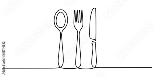 Spoon, fork, knife one continuous line drawing art restaurant cafe