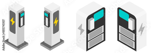 EV充電スタンド、充電ステーションのアイソメトリックイラスト。ベクターイラスト。バリーエーションあり。