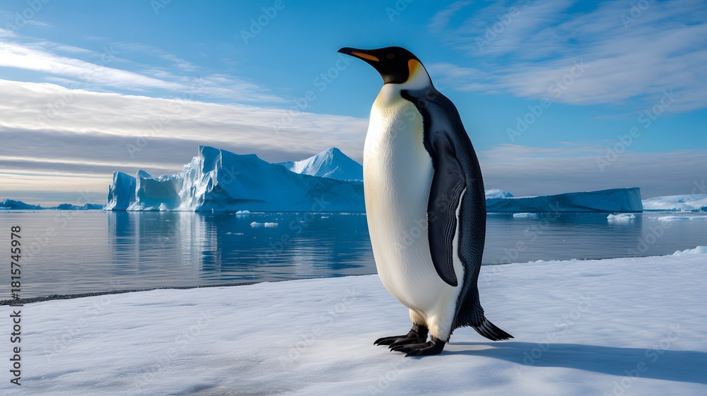 Fototapeta premium Majestic emperor penguin stands on icy shore with icebergs in background