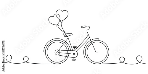 Stylish one line art bicycle with heart balloons for love concept
