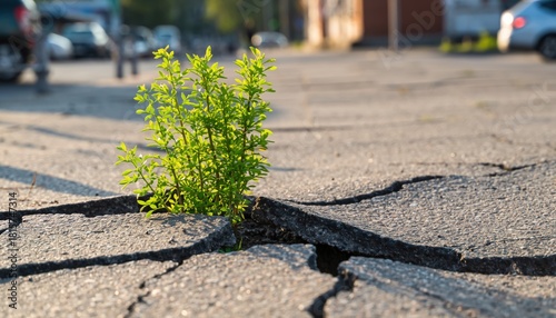 Fototapeta Naklejka Na Ścianę i Meble -  A small green plant growing out of a crack in the urban asphalt pavement during a bright sunny day